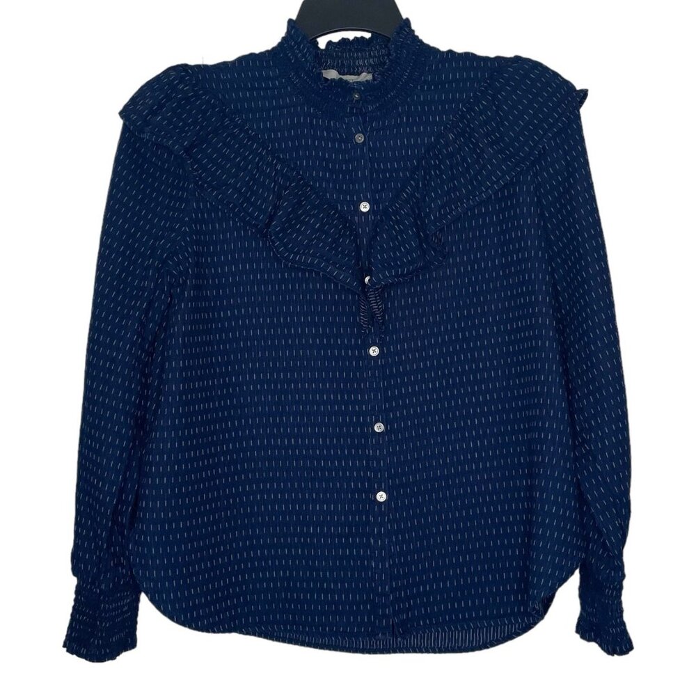 LOFT Blouse Size Small Mock Neck Ruffle Long Sleeve Elastic Cuffs Blue Womens